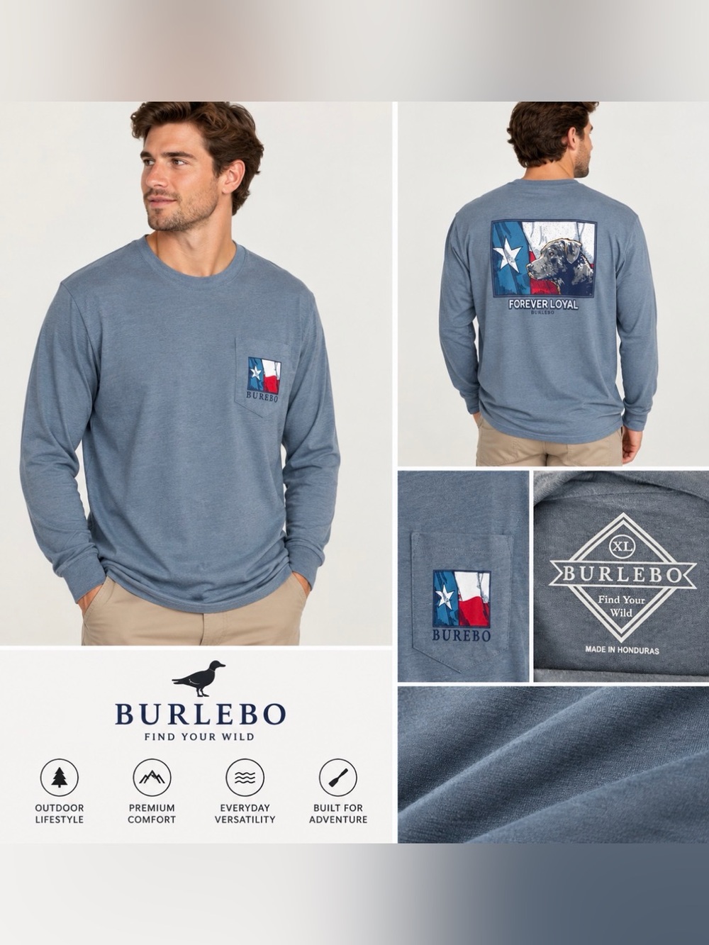 BURLEBO Forever Loyal Men’s XL Long Sleeve Pocket Shirt Texas Dog Blue Gray